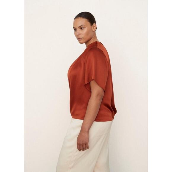 Vince Silk Flutter Sleeve Draped Neck Blouse Short Sleeve Rust Amber XS/ XXS NWT - Picture 3 of 13